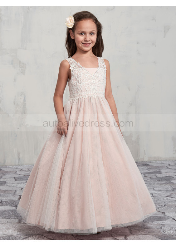Beaded V Neck Ivory Lace Tulle Pink Lining Ankle Length Flower Girl Dress